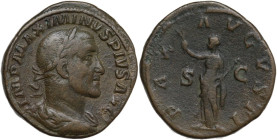 Maximinus I (235-238). AE Sestertius, 236-237 AD. Obv. IMP MAXIMINVS PIVS AVG. Laureate, draped and cuirassed bust right. Rev. PAX AVGVSTI SC. Pax sta...