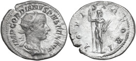 Gordian III (238-244). AR Antoninianus, Rome mint, 241-243. Obv. IMP GORDIANVS PIVS FEL AVG. Bust of Gordian III, radiate, draped, cuirassed, right. R...