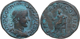 Gordian III (238-244). AE Sestertius, 241-244. Obv. Laureate, draped and cuirassed bust right. Rev. Apollo seated left on throne, holding branch and r...