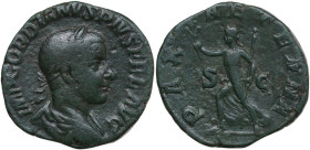 Gordian III (238-244). AE Sestertius, 241-243. Obv. IMP GORDIANVS PIVS FEL AVG. Laureate, draped and cuirassed bust right. Rev. PAX AETERNA SC. Pax ru...
