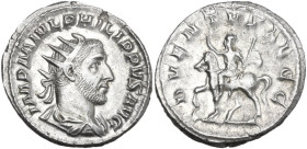 Philip I (244-249). AR Antoninianus, 245 AD. Obv. IMP M IVL PHILIPPVS AVG. Radiate, draped and cuirassed bust right. Rev. ADVENTVS AVGG. Philip on hor...