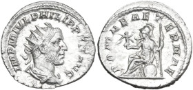 Philip I (244-249). AR Antoninianus, 247 AD. Obv. IMP M IVL PHILIPPVS AVG. Radiate, draped and cuirassed bust right. Rev. ROMAE AETERNAE. Roma seated ...