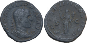 Philip I (244-249). AE Sestertius, Rome mint, 247 AD. Obv. IMP PHILIPPVS AVG. Bust of Philip the Arab, laureate, draped, cuirassed, right. Rev. P M TR...
