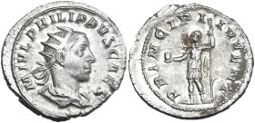 Philip II (244-249). AR Antoninianus, Rome mint. Obv. M IVL PHILIPPVS CAES. Radiate, draped and cuirassed bust right. Rev. PRINCIPI IVVENT. Philip II ...