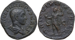 Philip II (244-249). AE Sestertius, 244-246. Obv. M IVL PHILIPPVS CAES. Draped bust right, head bare. Rev. PRINCIPI IVVENT SC. Philip II standing left...