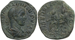 Philip II (244-249). AE Sestertius, 246-249. Obv. IMP M IVL PHILIPPVS AVG. Laureate, draped and cuirassed bust right. Rev. LIBERALI[TAS AV]GG [III] SC...