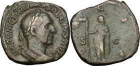 Trajan Decius (249-251). AE Sestertius. Obv. Bust right, laureate, draped, cuirassed. Rev. Dacia standing left, holding staff topped by head of ass. R...