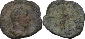 Trebonianus Gallus (251-253). AE Sestertius. Obv. Bust right, laureate, draped, cuirassed. Rev. Apollo standing left, holding arrow and resting on lyr...