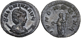 Salonina, wife of Gallienus (died 268 AD). BI Anoninianus, 257-258. Obv. Bust right, diademed, draped, on crescent. Rev. Juno standing left, holding p...