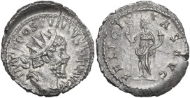 Postumus (259-268). BI Antonianus, Treveri mint. Obv. IMP C POSTVMVS P F AVG. Radiate, draped and cuirassed bust right. Rev. FELICITAS AVG. Felicitas ...