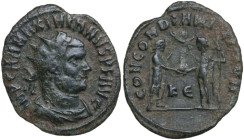Maximian (first reign, 286-305). AE Antoninianus, Cyzicus mint, 295-296. Obv. IMP C MA MAXIMIANVS P F AVG. Radiate, draped and cuirassed bust right. R...
