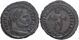 Maximian (286-310). AE1, Carthage mint, 299-303. Obv. IMP MAXIMIANVS P F AVG. Head of Maximian, laureate, right. Rev. SALVIS AVGG ET CAESS FEL KART. C...