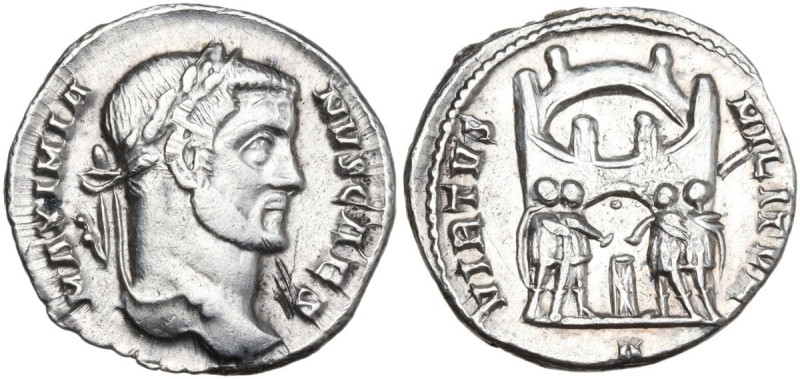 Galerius (305-311). AR 18 mm, Rome mint, 295-297. Obv. MAXIMIANVS CAES. Head of ...