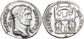 Galerius (305-311). AR 18 mm, Rome mint, 295-297. Obv. MAXIMIANVS CAES. Head of Galerius, laureate, right. Rev. VIRTVS - MILITVM. Diocletian, Maximian...