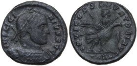 Licinius I (308-324). Follis, Arles mint. Obv. IMP LICI-NIVS AVG. Laureate, cuirassed bust right. Rev. IOVI CONSERVATORI AVG. Licinius holding thunder...