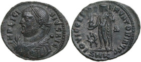 Licinius I (308-324). AE Follis, Cyzicus mint. Obv. IMP LICI-NIVS AVG. Laureate bust left wearing imperial mantle, holding mappa in right hand, globe ...