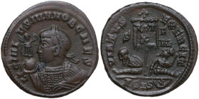 Licinius II (317-324). AE Follis, Siscia mint. Obv. LICINI-VS IVN NOB CAES.Laureate, draped and cuirassed bust, holding globe with victoriola in right...