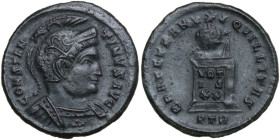 Constantine I (307-337). AE Follis, Treveri mint. Obv. CONSTAN-TINVS AVG. Helmeted and cuirassed bust right. Rev. BEATA TRAN-QVILLITAS. Globe set on a...