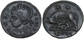Constantine I (307-337). AE 16 mm, Lugdunum mint, 332 AD. Obv. VRBS - ROMA. Bust of Roma, helmeted, wearing imperial cloak, left. Rev. She-wolf, stand...