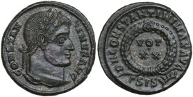 Constantine I (307-337). AE Follis, Siscia mint. Obv. CONSTAN-TINVS AVG. Laureate head right. Rev. DN CONSTANTINI MAX AVG. VOT/XX within wreath; in ex...
