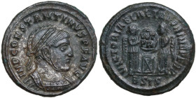 Constantine I (307-337). AE Follis, Siscia mint. Obv. IMP CONSTANTINVS PF AVG. Laureate, helmeted and cuirassed bust right. Rev. VICTORIAE LAETAE PRIN...