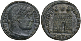 Constantine I (307-337). AE Follis. Thessalonika mint. Obv. CONSTAN-TINVS AVG. Laureate head right. Rev. PROVIDEN-TIAE AVGG. Camp gate, two turrets; s...