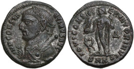 Constantine I (307-337). AE Follis. Cyzicus mint. Obv. IMP CONSTA-NTINVS AVG. Laureate and draped bust with clock left, holding sceptre. Rev. IOVI CON...