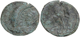 Constantine I (307-337). Commemorative issue. AE Follis, Cyzicus mint. Obv. Bust left, helmeted, cuirassed. Rev. Figure standing (?) left, resting on ...