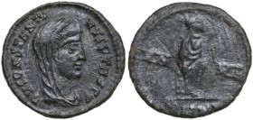 Constantine I (307-337). Commemorative issue. AE Follis, 4th century. Obv. Head of Divus Constantine right, veiled. Rev. Emperor standing right, veile...