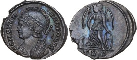 Commemorative series. Struck under Constantine I. AE Follis. Trier mint, 2nd officina. Struck 332-333. Obv. Laureate and helmeted bust of Constantinop...