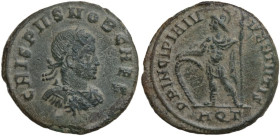 Crispus as Caesar (317-326). AE 19 mm, Aquileia mint, 317 AD. Obv. CRISPVS NOB CAES. Bust of Crispus, laureate, draped, cuirassed, right. Rev. PRINCIP...