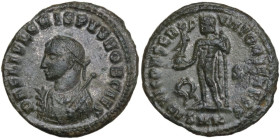 Crispus as Caesar (317-326). AE Follis. Cyzicus mint. Obv. D N IVL CRISPVS NOB CAES. Laureate, draped bust left, holding globe and palm branch. Rev. I...