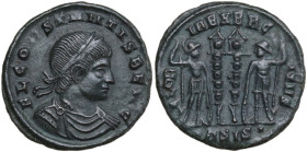 Constans as Caesar (333-337). AE Follis, Siscia mint. Obv. FL CONSTANTIS BEA C. Laureate, draped and cuirassed bust right. Rev. GLOR-IA EXERC-ITVS. Tw...
