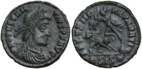 Constantius II (337-361). AE 18 mm. Siscia mint. Obv. D N CONSTAN-TIVS P F AVG. Pearl diademed, draped and cuirassed bust right, A in left field. Rev....