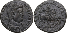 Magnentius (350-353). AE Follis, Lugdunum mint, 350-351. Obv. Draped and cuirassed bust right; behind, A. Rev. Horseman spearing kneeling enemy; below...