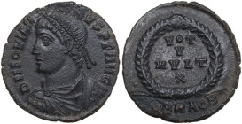 Jovian (363-364). AE 20 mm. 363-364. Heraclea mint. Obv. DN IOVIANVS PF AVG. Pearl-diademed, draped and cuirassed bust left. Rev. VOT / V /MVLT/ X wit...