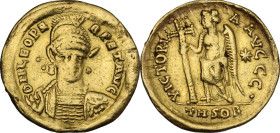 Leo I (457-474). AV Solidus, Thessalonica mint, AD 462 or 466. Obv. DN LEO PERPET AVG. Pearl-diademed, helmeted and cuirassed bust facing slightly rig...