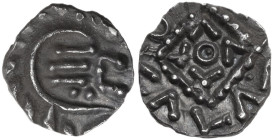 Anglo-Saxon. AR Sceat, Primary series, continental issue, series E, 695-740. Obv. Degraded head right ('porcupine'). Rev. Standard with V Λ O within s...