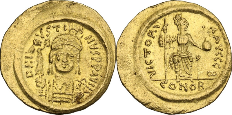 Justin II (565-578). AV Solidus, Constantinople mint. Obv. DN IVSTI-NVS PP AVI. ...