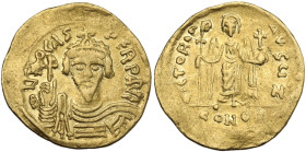 Phocas (602-610). AV Solidus. Constantinople mint, 607-610 AD. Obv. ∂N FOCAS PЄRP AVC. Draped and cuirassed bust facing, wearing crown and holding glo...