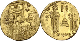 Constans II (641-668). AV Solidus. Constantinople mint, 9th officina. Struck circa 661-663. Obv. Facing bust of Constans with long beard, and Constant...