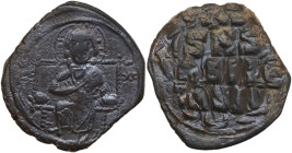 Constantine IX Monomachus (1042-1055). AE Follis, Constantinople mint, 1042-1055. Obv. Christ Pantokrator enthroned, cross-nimbate; right hand raised ...