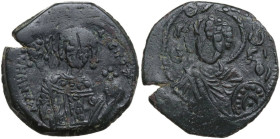 Manuel I Comnenus (1143-1180). AE Tetarteron. Thessalonica mint. Struck 1152-circa 1160(?). Obv. Facing bust of St. George, nimbate and beardless, hol...