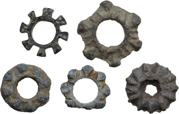 Celtic World. Lot of five (5) lead knobbed and spiked ring-money. PB.