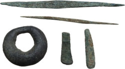 Celtic World. Lot of five (5) bronze Celtic pre-money in the shapes of small axes, ring and needles. AE/AR.