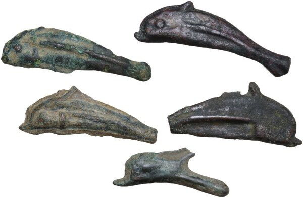 Greek Asia. Skythia, Olbia. Lot of five (5) AE dolphin shaped proto-money, 5th c...