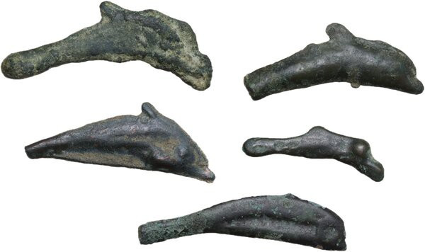 Greek Asia. Skythia, Olbia. Lot of five (5) AE dolphin shaped proto-money, 5th c...