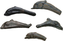 Greek Asia. Skythia, Olbia. Lot of five (5) AE dolphin shaped proto-money, 5th century BC. AE.
