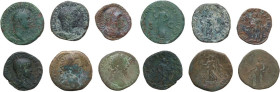 The Roman Empire. Lot of six (6) unclassified AE Sestertii; including: Domitian, Marcus Aurelius, Severus Alexander, Philip II. AE. F:About F.