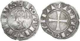 Antiochia. Bohemond III, Majority (1163-1201). Billon denier. D/ +BOAHVHDVS. Helmeted head left, mail composed by star right, crescent left. R/ +AHTIO...